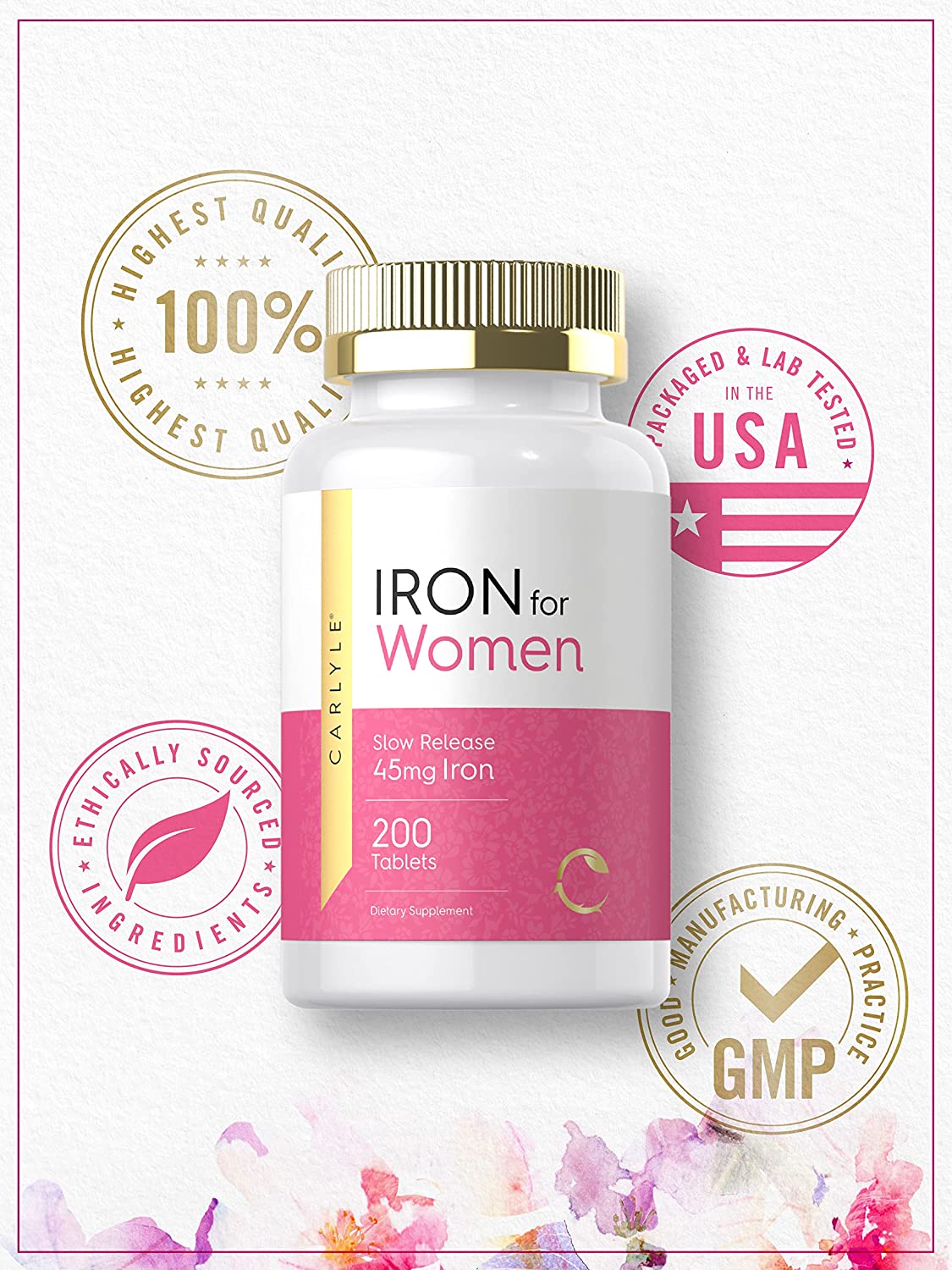 Iron Supplement for Women 45mg | 200 Tablets | Vegetarian, Non-GMO, Gluten Free, Slow Release Pills