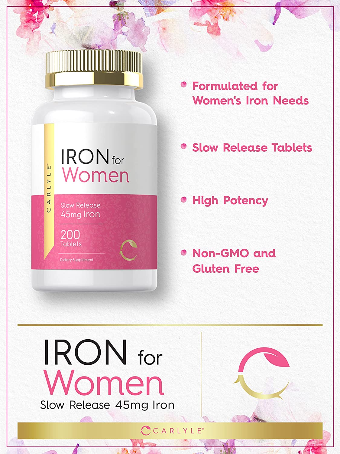 Iron Supplement for Women 45mg | 200 Tablets | Vegetarian, Non-GMO, Gluten Free, Slow Release Pills