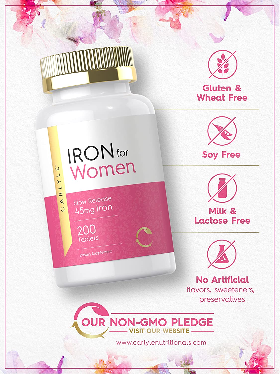 Iron Supplement for Women 45mg | 200 Tablets | Vegetarian, Non-GMO, Gluten Free, Slow Release Pills
