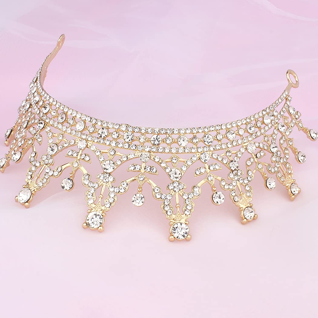 COCIDE Gold Tiara and Crown for Women Rhinestones Crown with Loop for Girls Crystal Queen Headband H