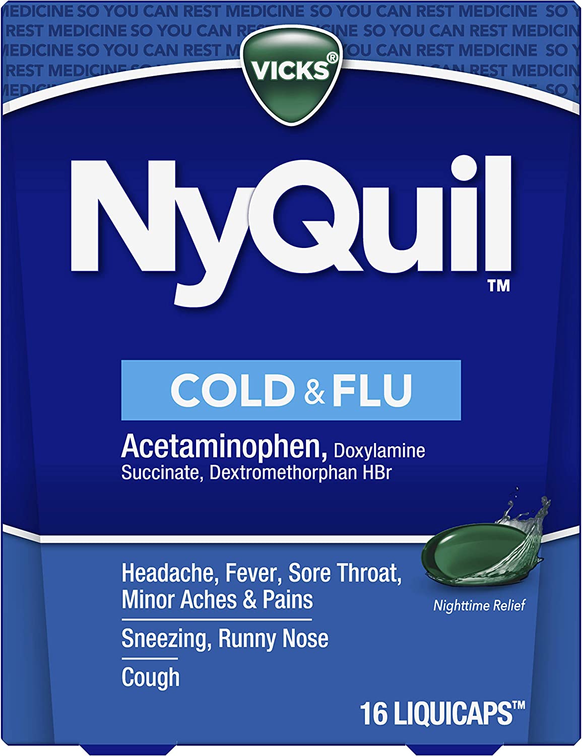 Vicks NyQuil Cough, Cold & Flu Nighttime Relief, 16 LiquiCaps - #1 Pharmacist Recommended, Nighttime