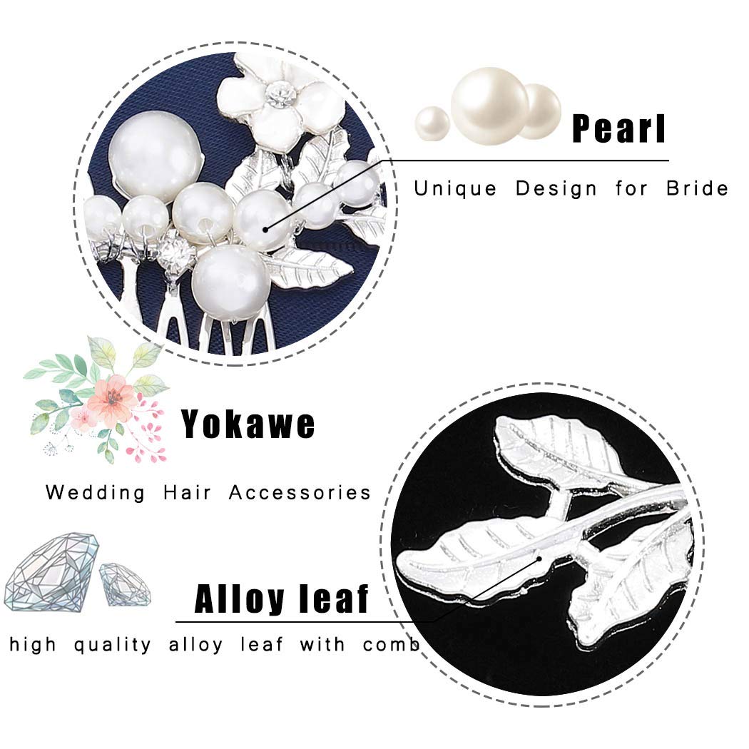 Yokawe Bridal Wedding Hair Comb Silver Pearl Bride Side Combs Flower and Leaf Hair Accessories for W
