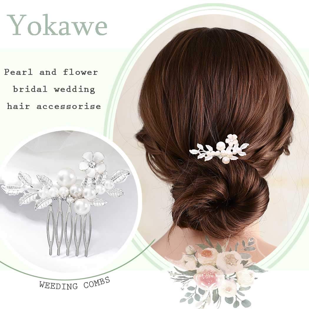 Yokawe Bridal Wedding Hair Comb Silver Pearl Bride Side Combs Flower and Leaf Hair Accessories for W
