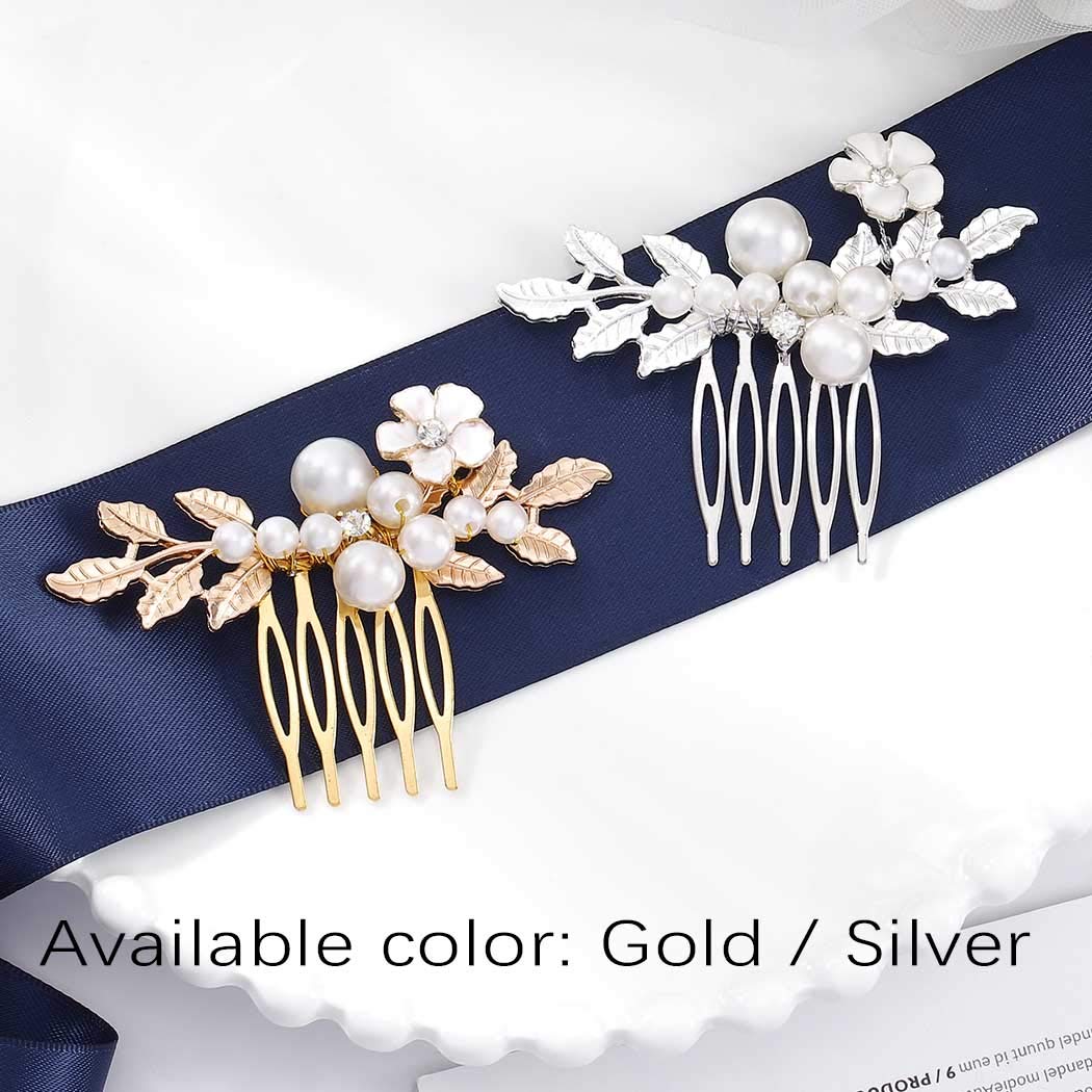 Yokawe Bridal Wedding Hair Comb Silver Pearl Bride Side Combs Flower and Leaf Hair Accessories for W