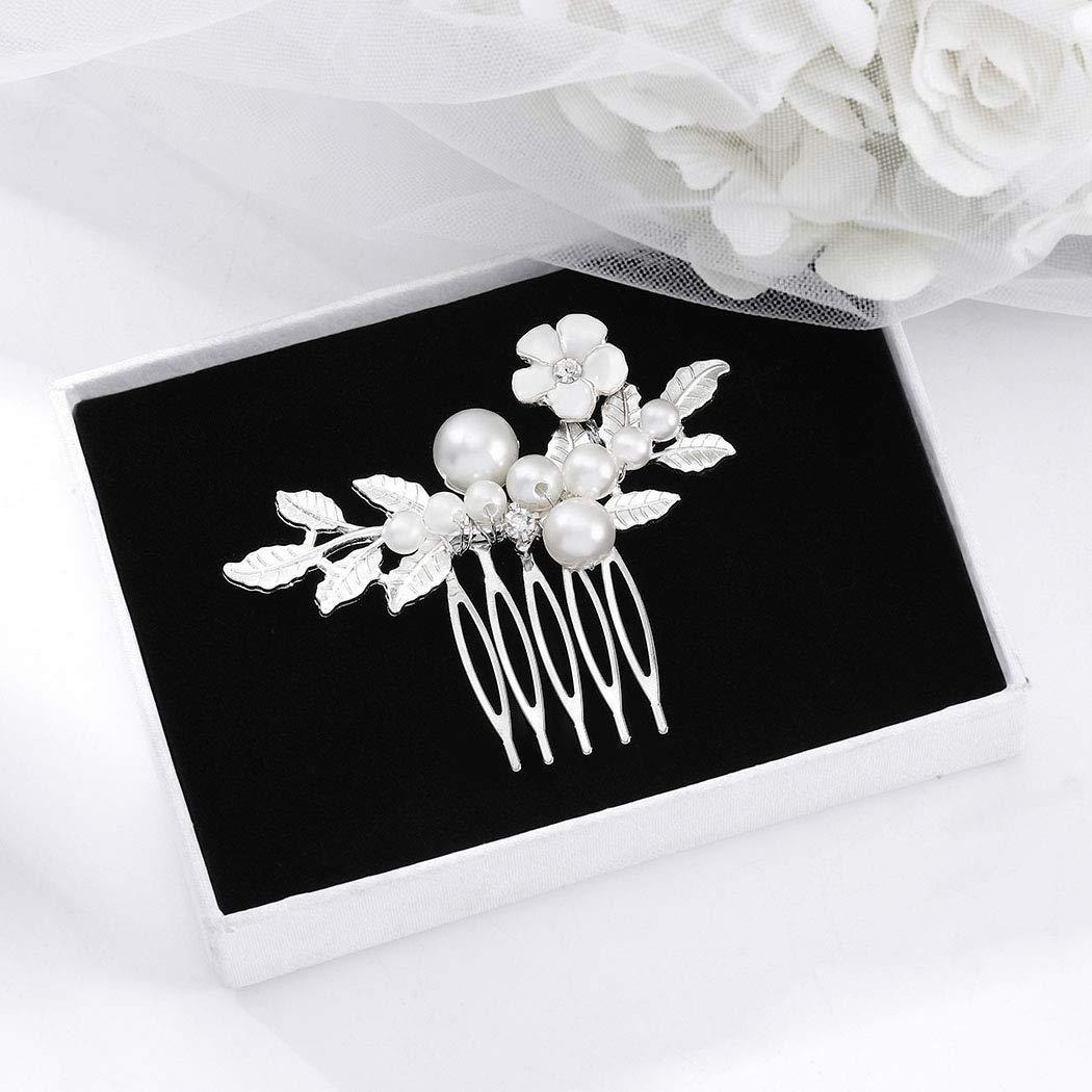 Yokawe Bridal Wedding Hair Comb Silver Pearl Bride Side Combs Flower and Leaf Hair Accessories for W