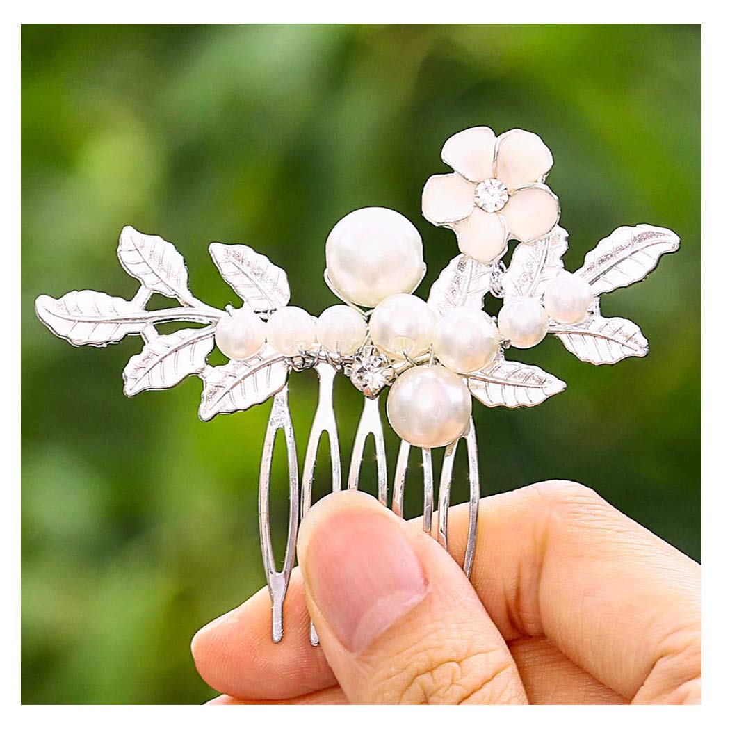 Yokawe Bridal Wedding Hair Comb Silver Pearl Bride Side Combs Flower and Leaf Hair Accessories for W