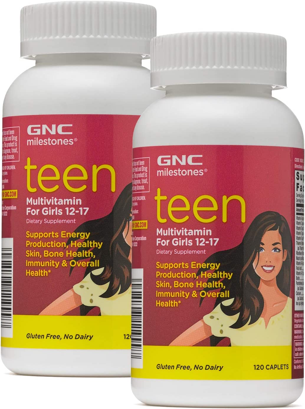 GNC Milestones Teen Multivitamin for Girls 12-17, Twin Pack, 120 Caplets per Bottle, Supports Energy