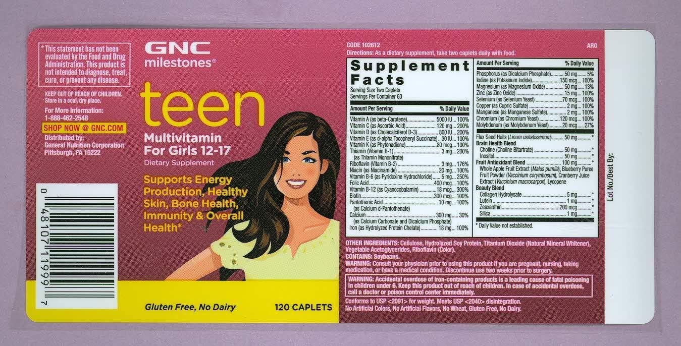 GNC Milestones Teen Multivitamin for Girls 12-17, Twin Pack, 120 Caplets per Bottle, Supports Energy