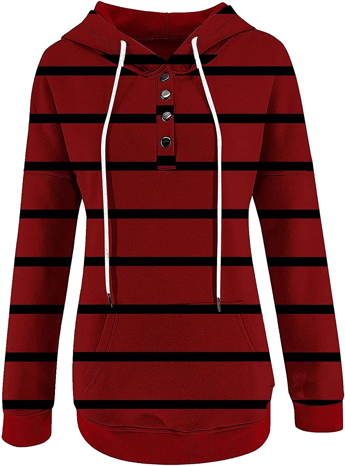 Sweatshirt for Women,Womens Tops Fashion Buttons Pullover Hoodie Autumn Pocket Dark Color Pinstripe