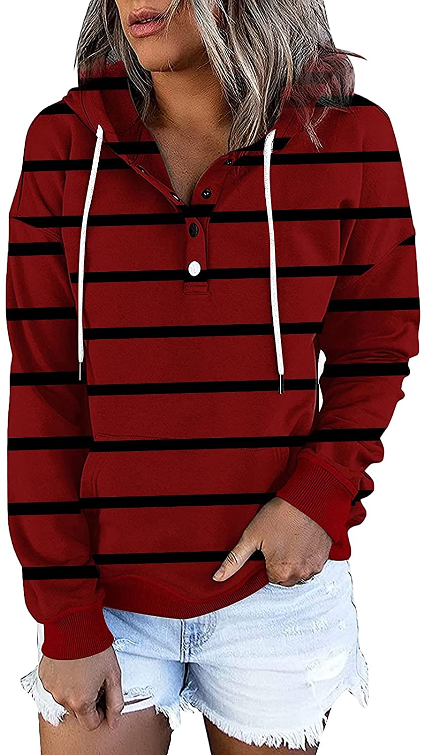 Sweatshirt for Women,Womens Tops Fashion Buttons Pullover Hoodie Autumn Pocket Dark Color Pinstripe