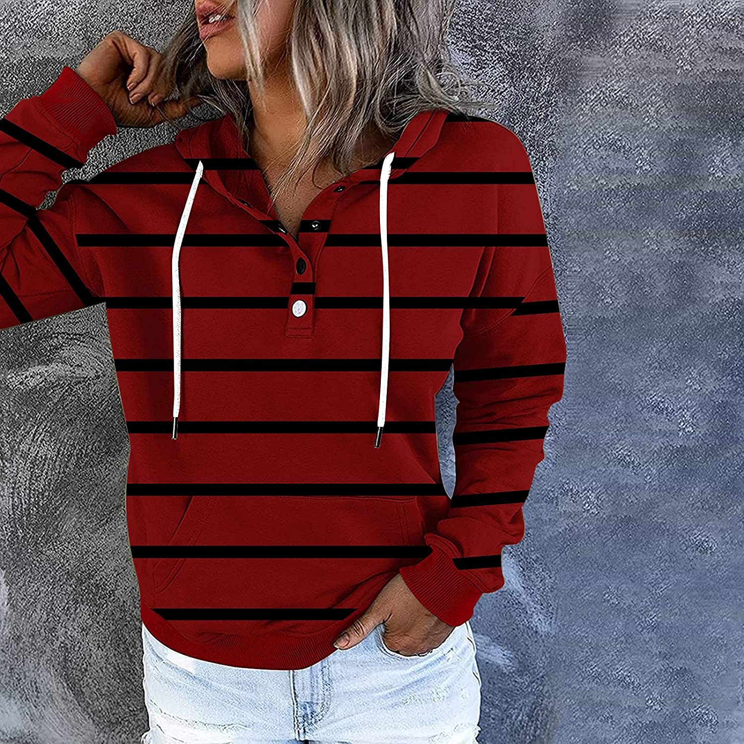 Sweatshirt for Women,Womens Tops Fashion Buttons Pullover Hoodie Autumn Pocket Dark Color Pinstripe