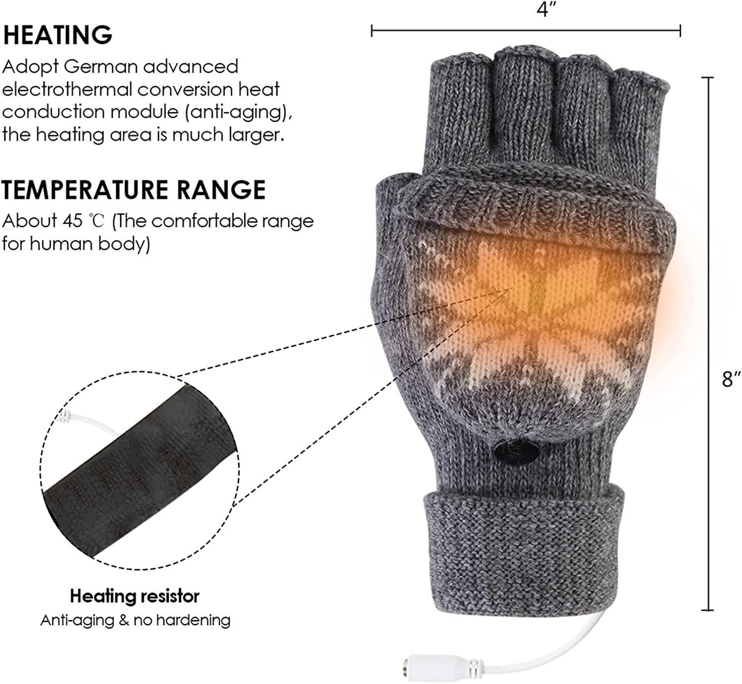 OhhGo USB Heated Mitt Winter Warm Knitted Gloves Mitten with Finger Cover for Men and Women