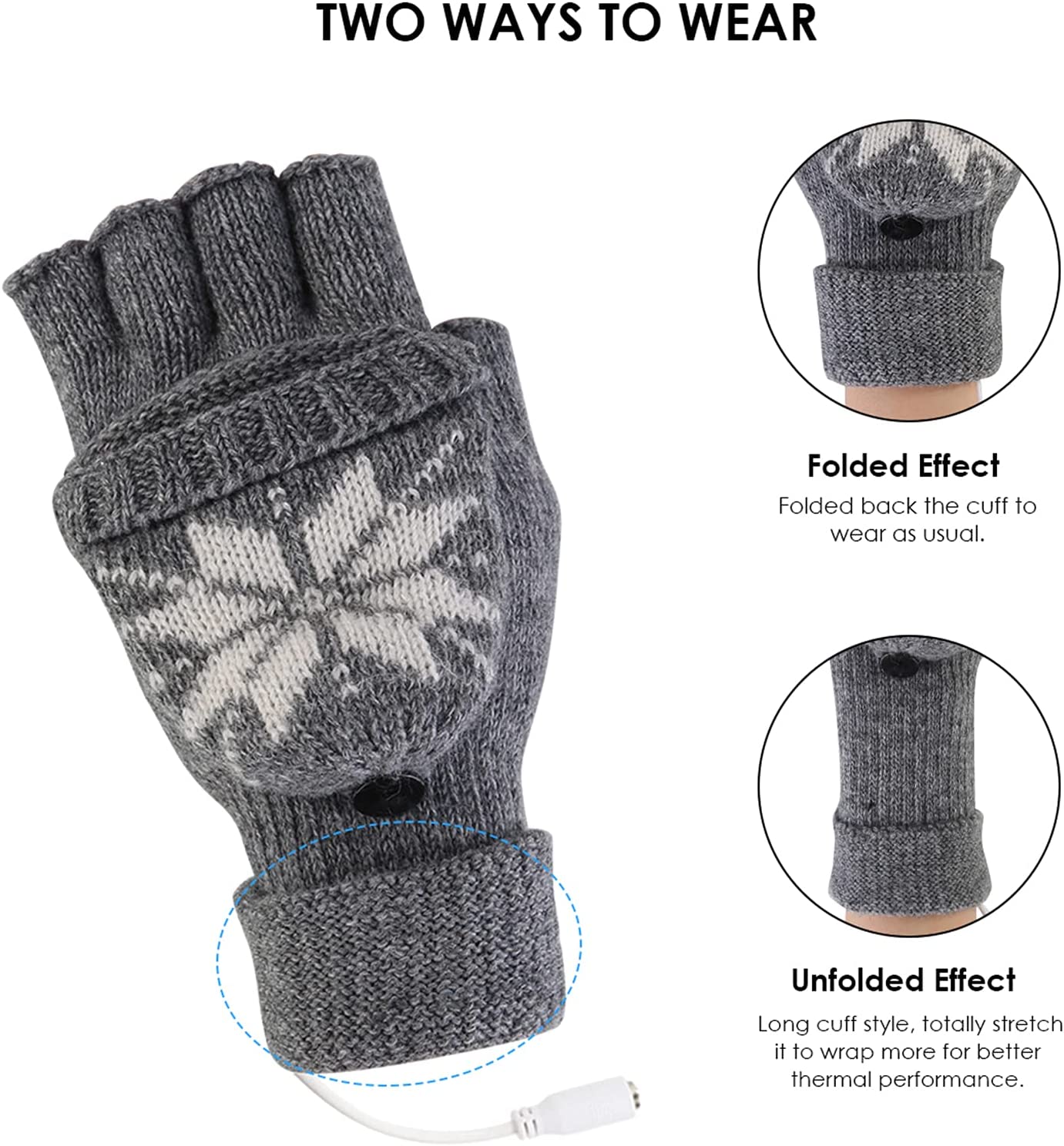 OhhGo USB Heated Mitt Winter Warm Knitted Gloves Mitten with Finger Cover for Men and Women