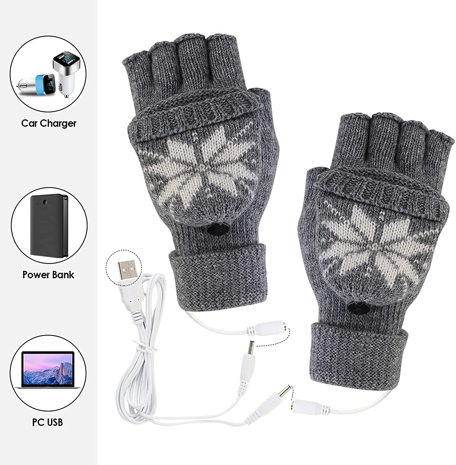 OhhGo USB Heated Mitt Winter Warm Knitted Gloves Mitten with Finger Cover for Men and Women
