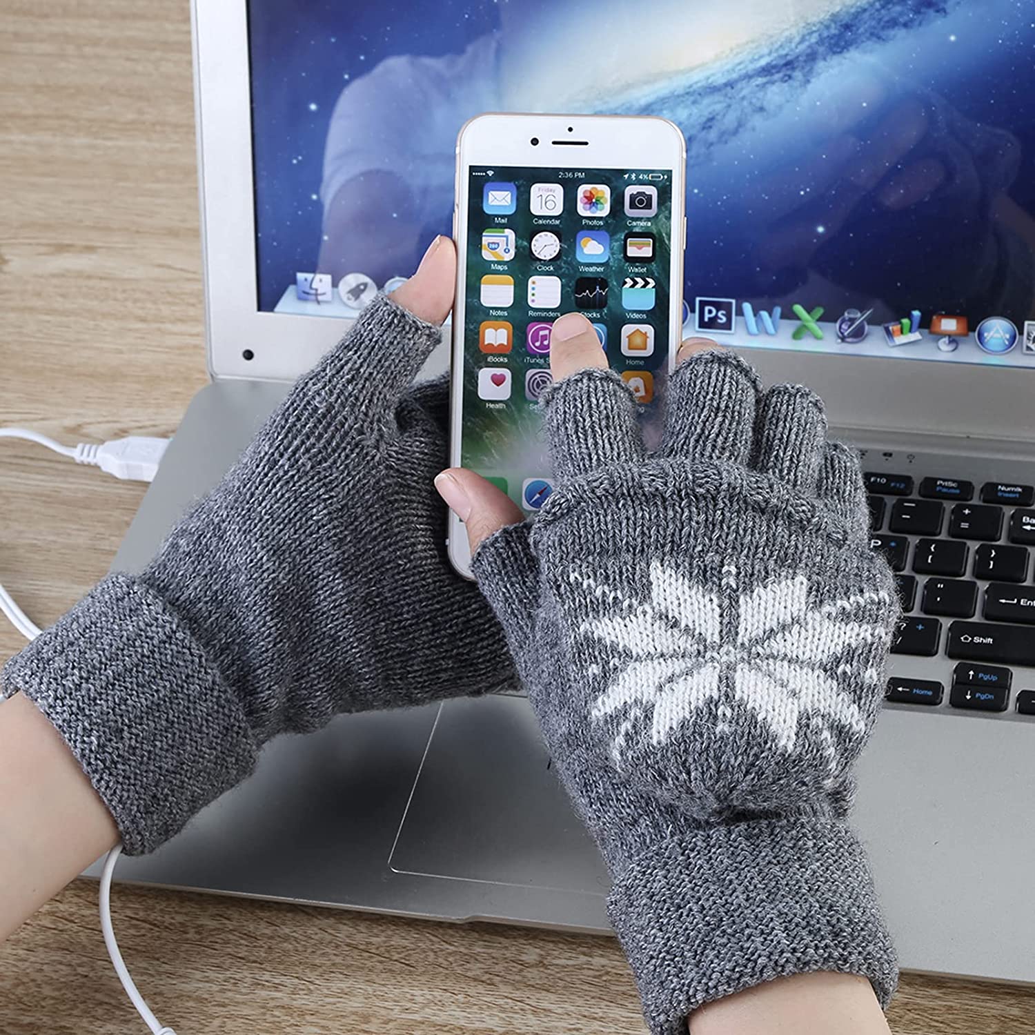 OhhGo USB Heated Mitt Winter Warm Knitted Gloves Mitten with Finger Cover for Men and Women