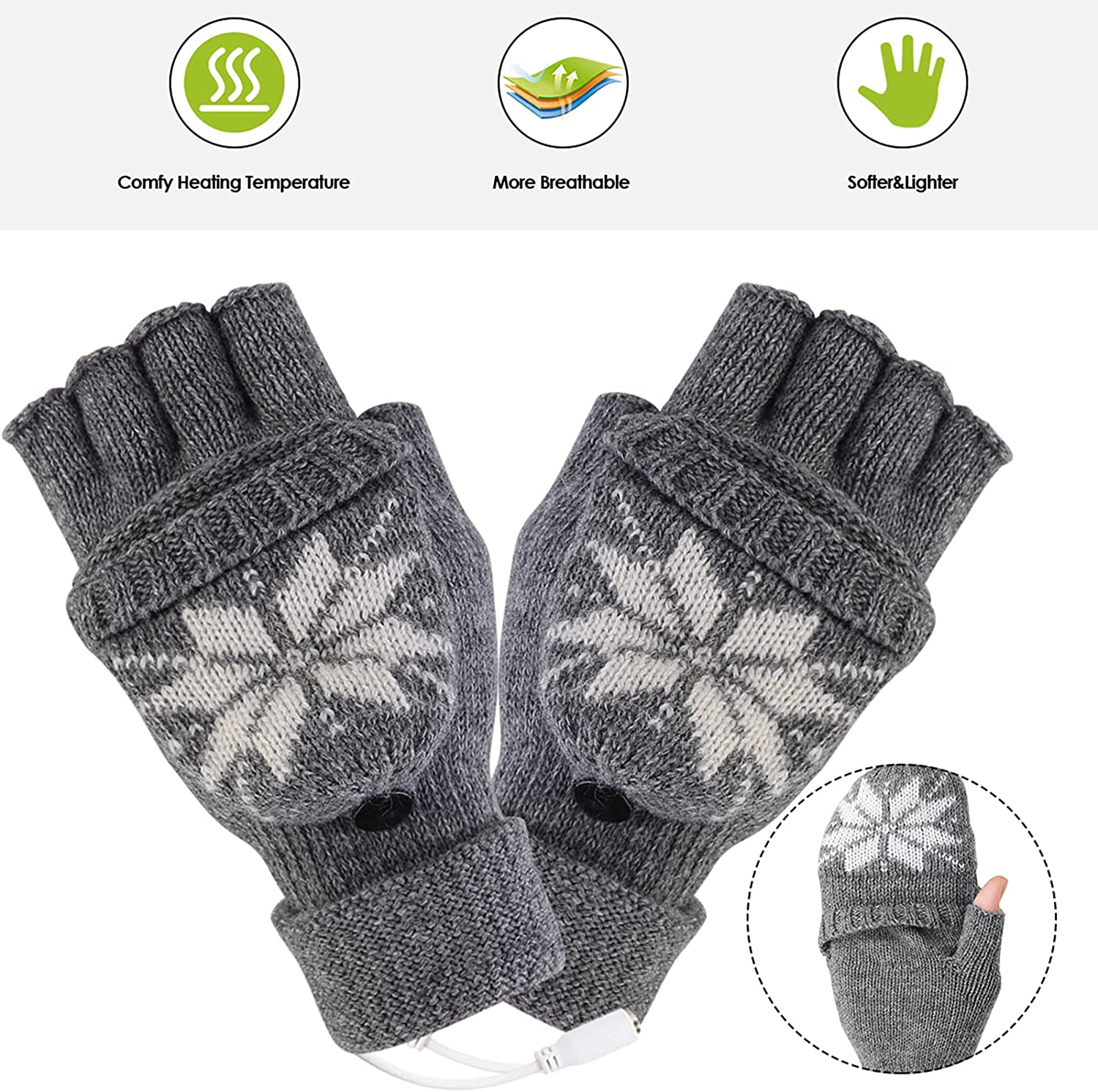 OhhGo USB Heated Mitt Winter Warm Knitted Gloves Mitten with Finger Cover for Men and Women