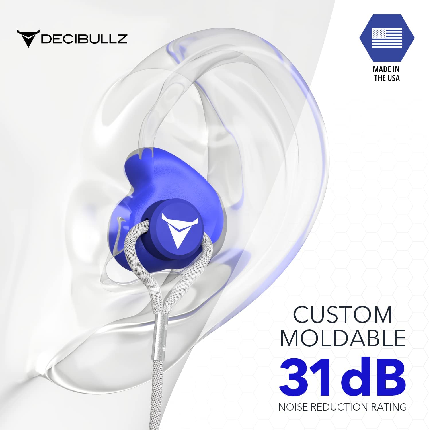Decibullz Metal-Detectable Reusable Custom-Molded Earplugs, 31 NRR, Single Pack