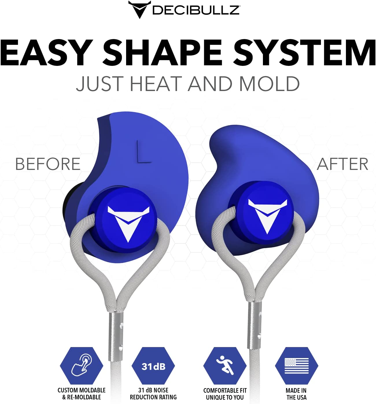 Decibullz Metal-Detectable Reusable Custom-Molded Earplugs, 31 NRR, Single Pack