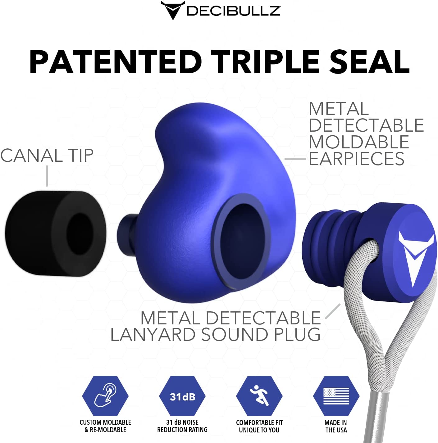 Decibullz Metal-Detectable Reusable Custom-Molded Earplugs, 31 NRR, Single Pack
