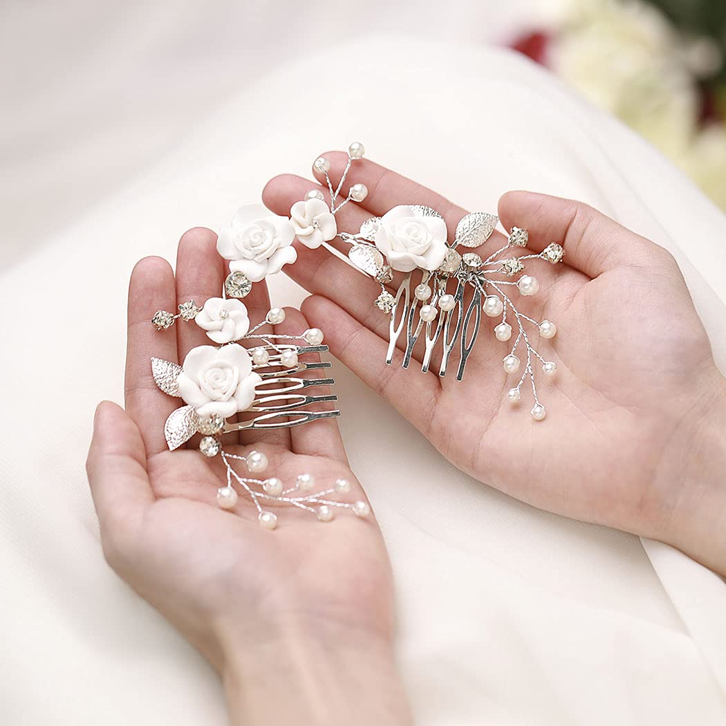 Yean Flower Wedding Hair Comb Pearl Bridal Hair Piece Crystal Hair Accessories for Women and Girls (