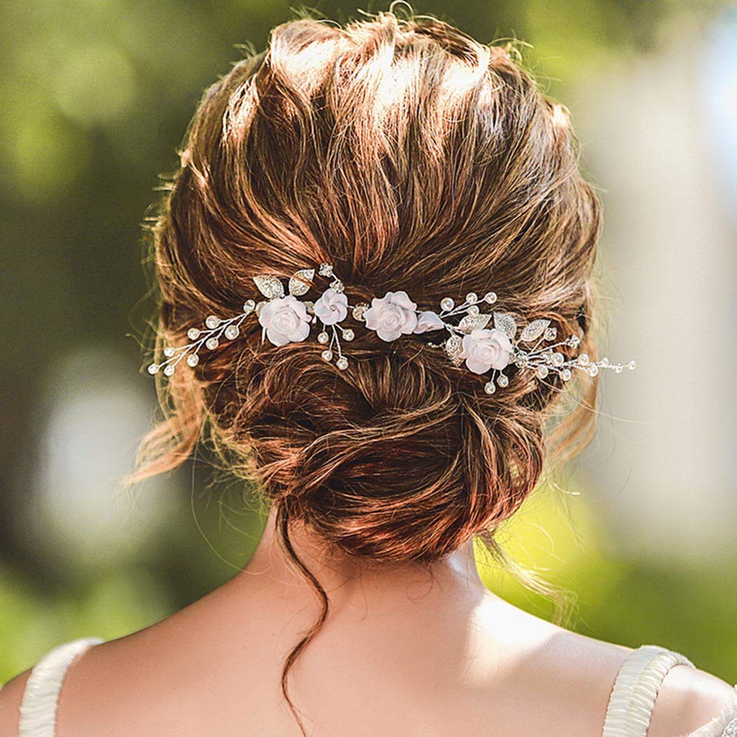 Yean Flower Wedding Hair Comb Pearl Bridal Hair Piece Crystal Hair Accessories for Women and Girls (