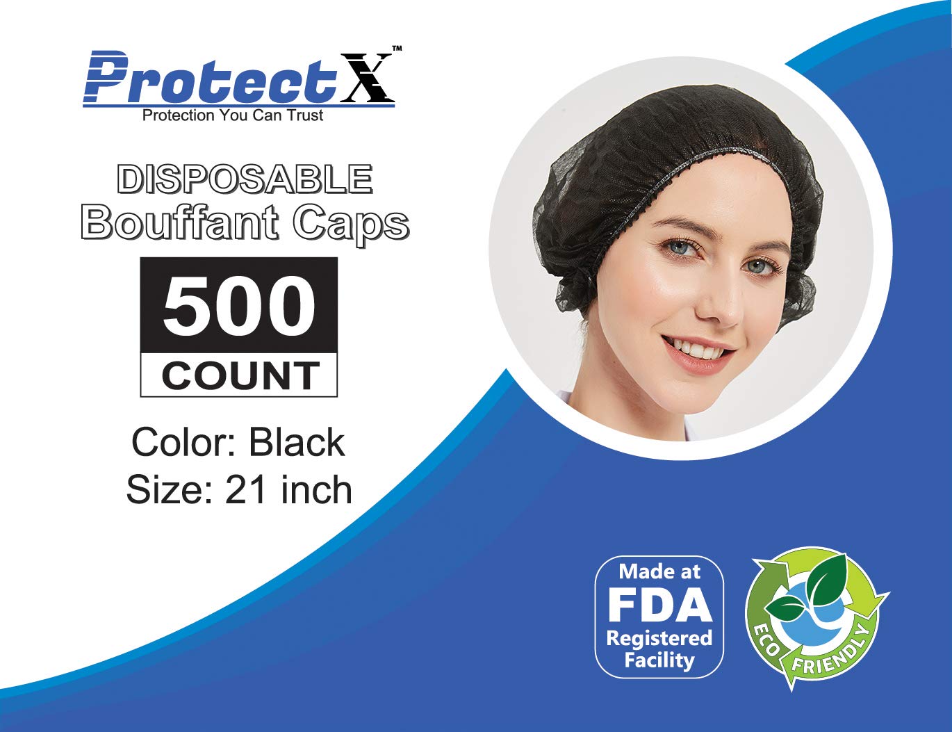 ProtectX Disposable Bouffant (Hair Net) Caps Hair Head Cover Nets 21” (Black 500 pack)