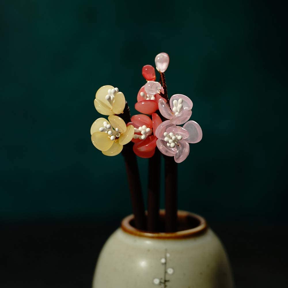 DAWEIF Chinese Hanfu Handmade Wooden Hair Fork Hair Sticks Glass Hairpin Tassel Headwear Hair Access