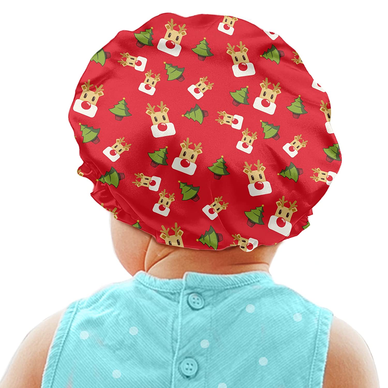 Babrukda Cute Reindeer Print Kids Satin Sleep Cap, Satin Bonnet Boys Girls Adjustable Slouchy Beanie