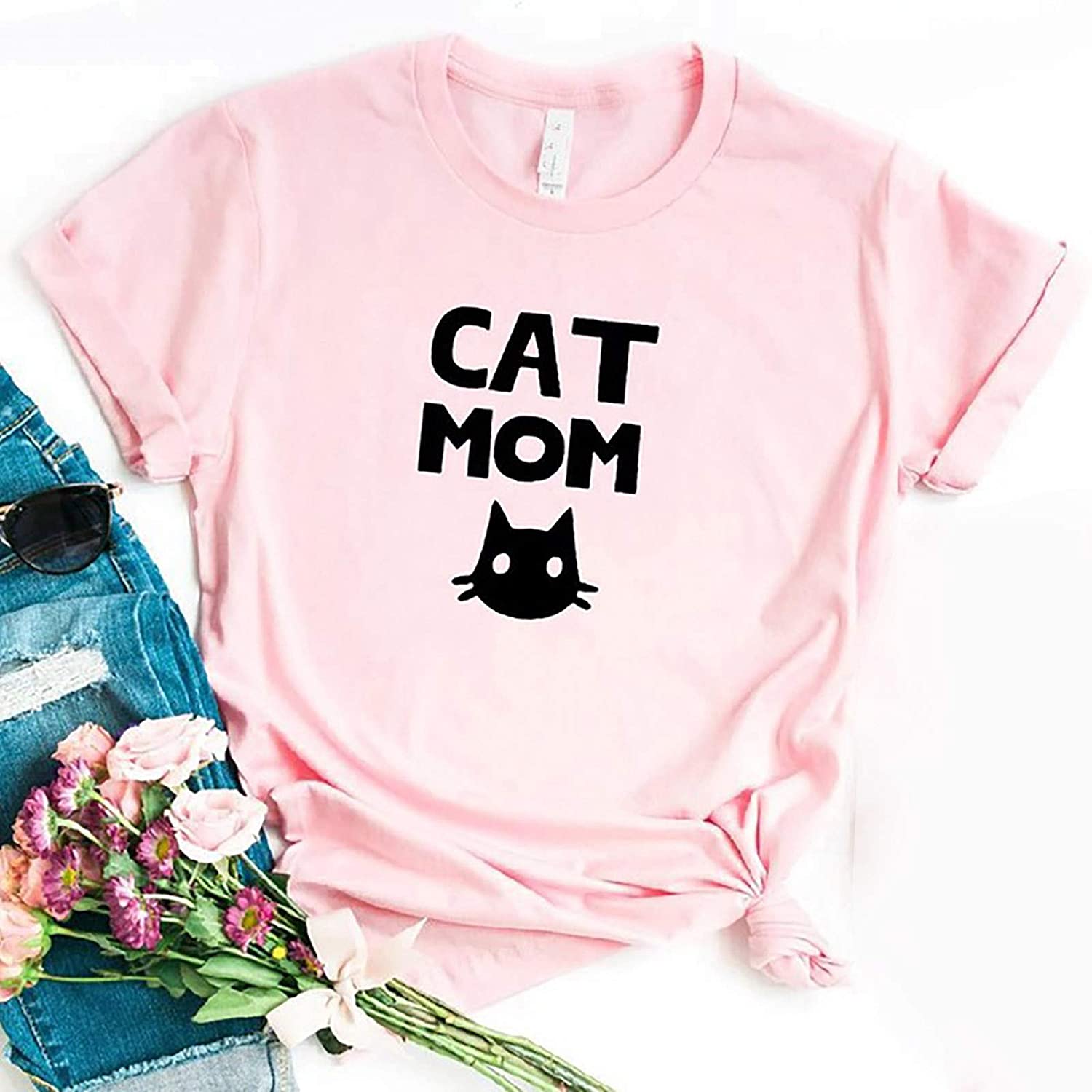 Dosoop Cat Mama Shirt for Women Funny Cute Cat Graphic Letter Print Short Sleeve T Shirt Tops Blouse