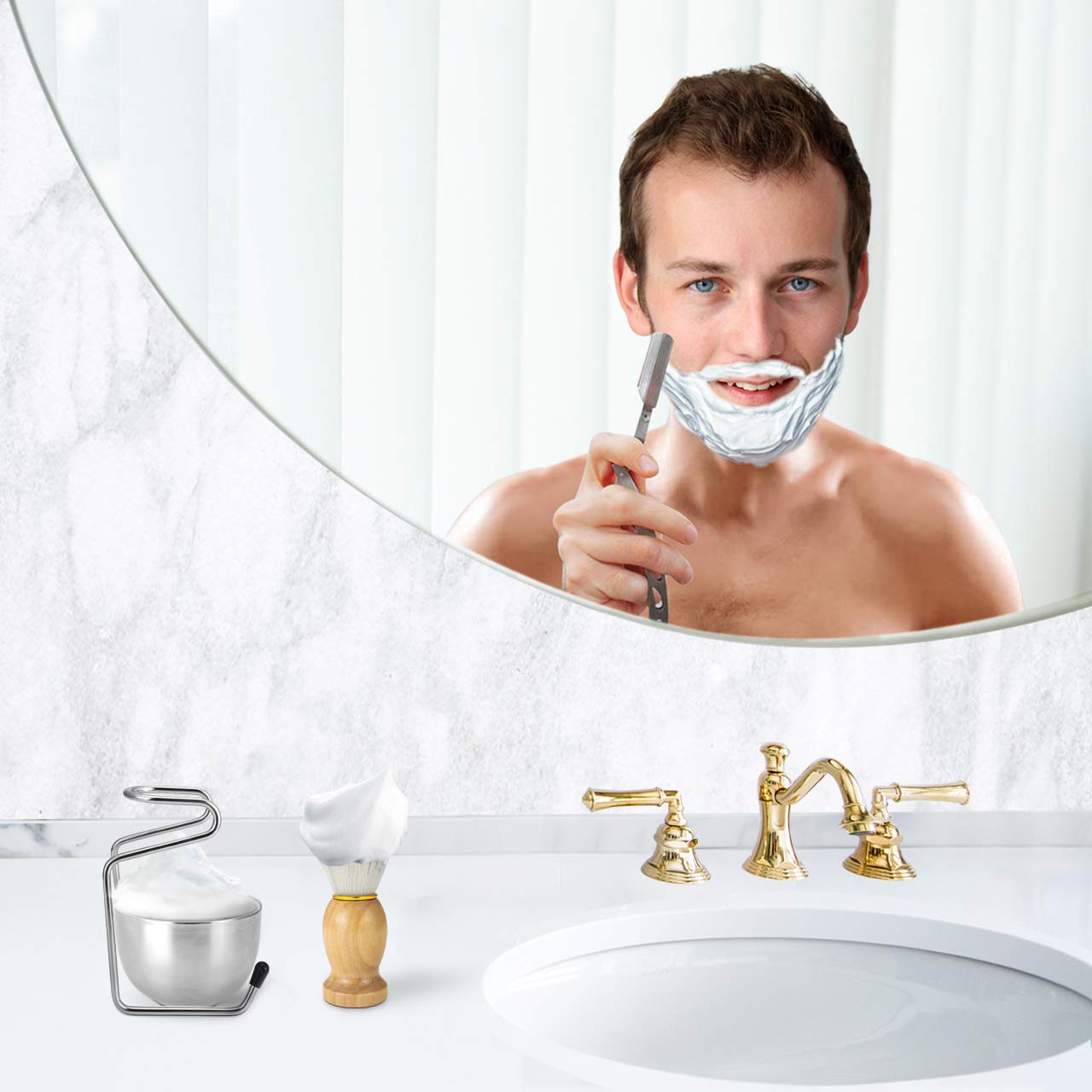 Wismee Shaving Brush Set with Soap Stainless Steel Shaving Brush Razor Holder Stand Shaving Soap Bow