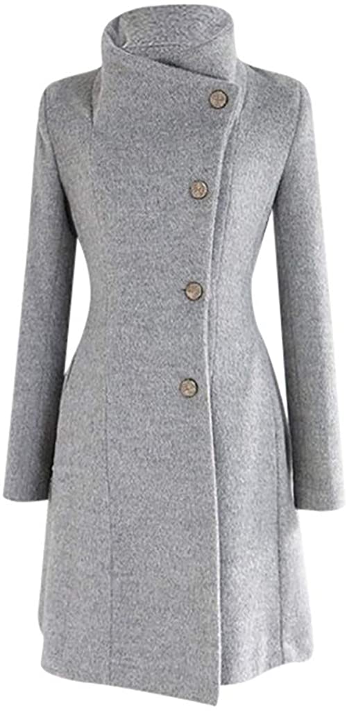 WUAI-Women Winter Lapel Wool Trench Coat Jackets Thick Warm Long Pea Coat Outerwear Overcoat
