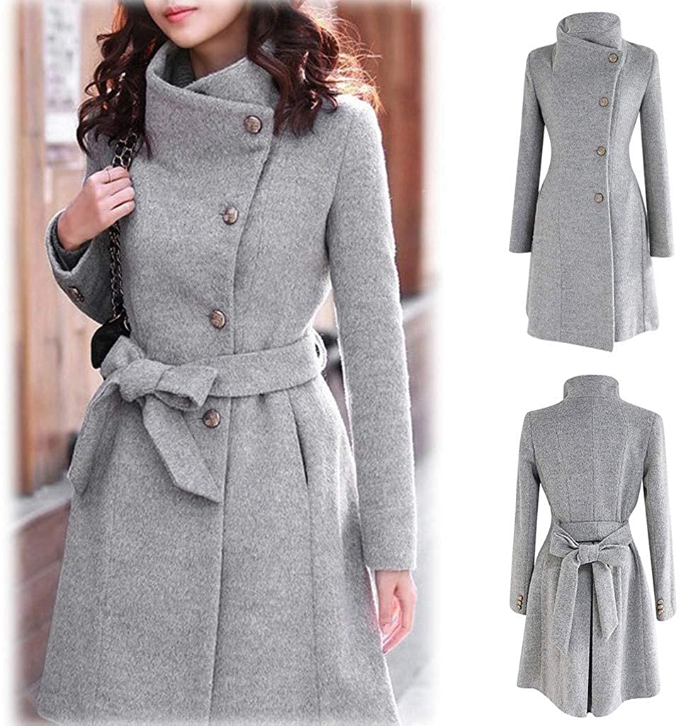 WUAI-Women Winter Lapel Wool Trench Coat Jackets Thick Warm Long Pea Coat Outerwear Overcoat