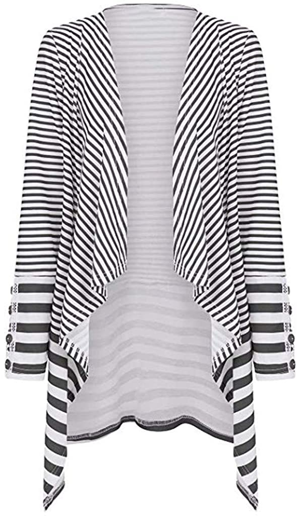 WUAI-Women Cardigans Striped Printed Open Front Kimono Loose Cardigan Coat Tops