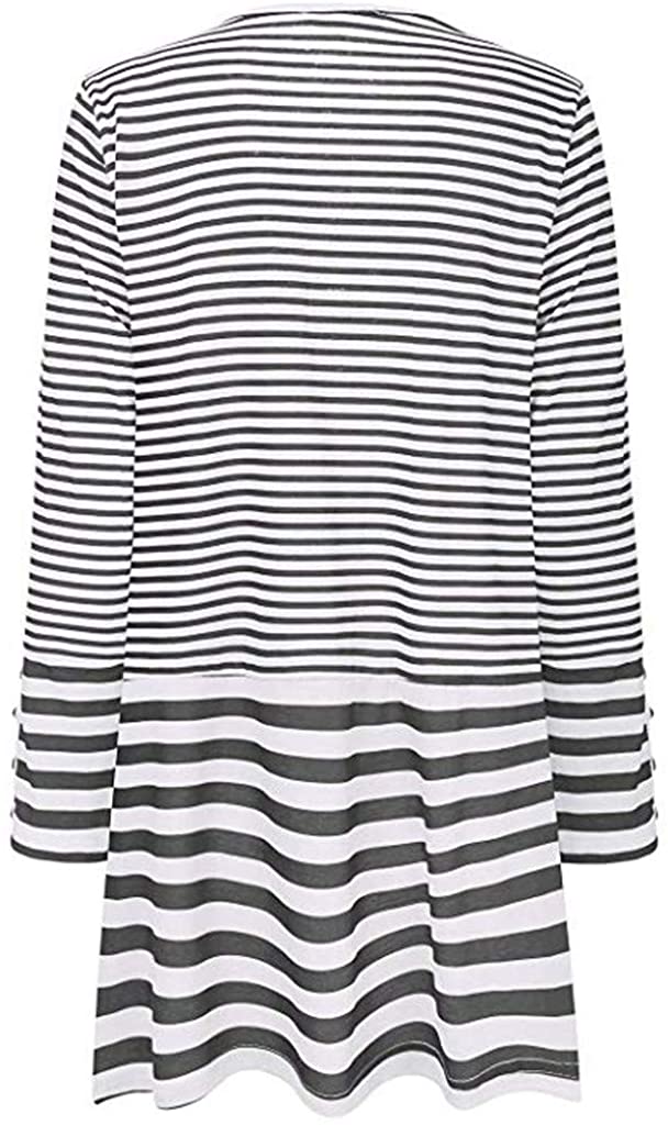 WUAI-Women Cardigans Striped Printed Open Front Kimono Loose Cardigan Coat Tops