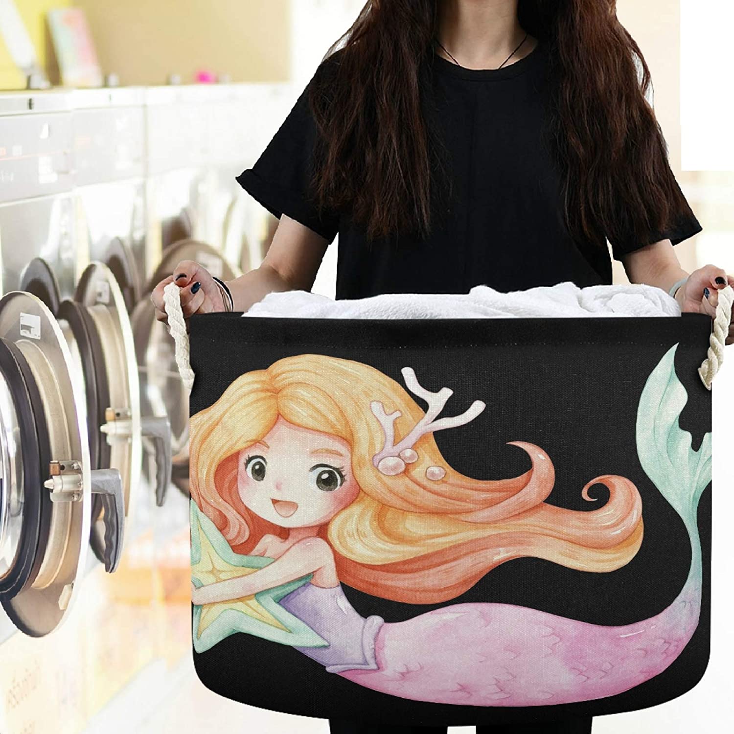 visesunny Storage Basket Mermaid Starfish Nursery Hamper Basket Clothes Toy Storage Organizer Bin Bo