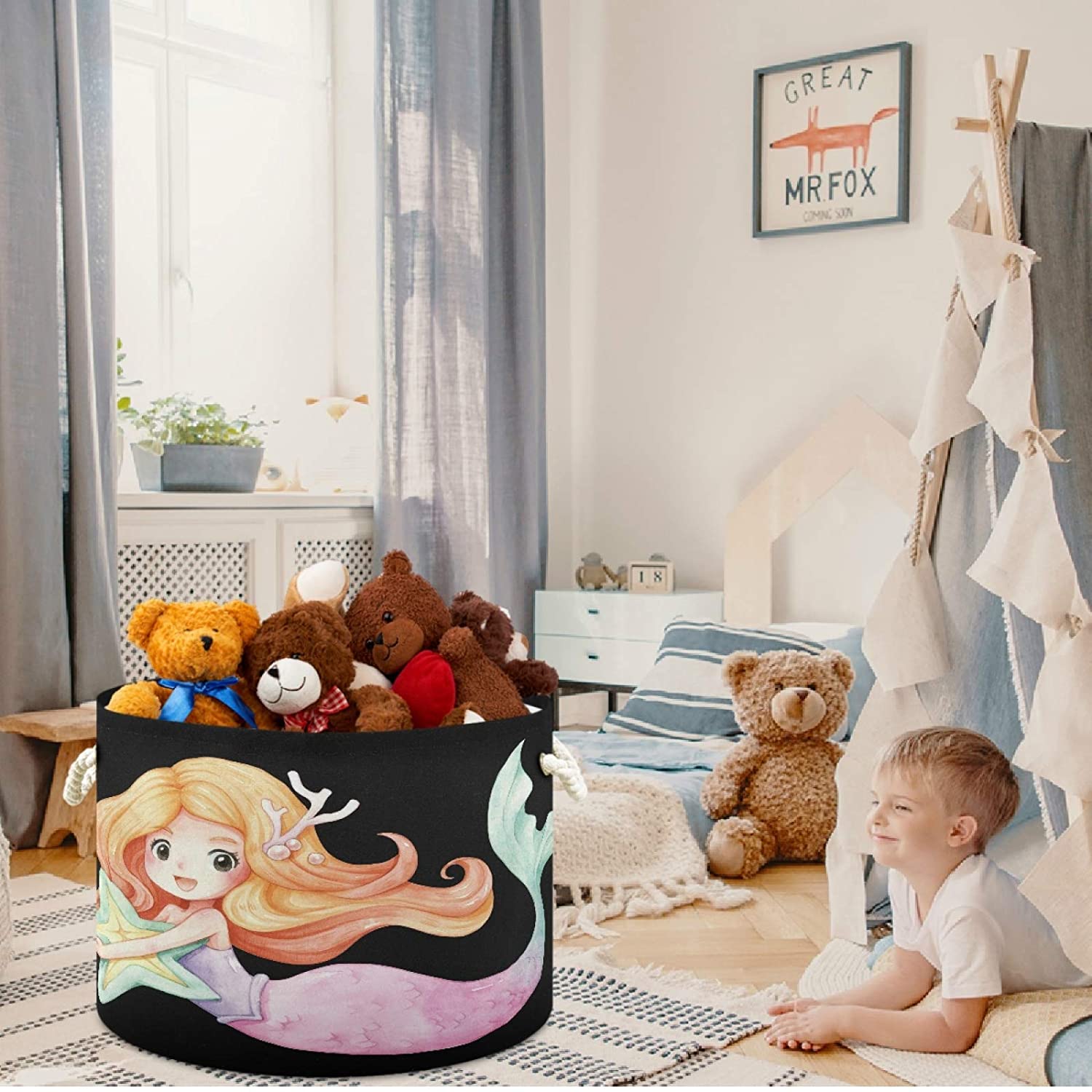 visesunny Storage Basket Mermaid Starfish Nursery Hamper Basket Clothes Toy Storage Organizer Bin Bo