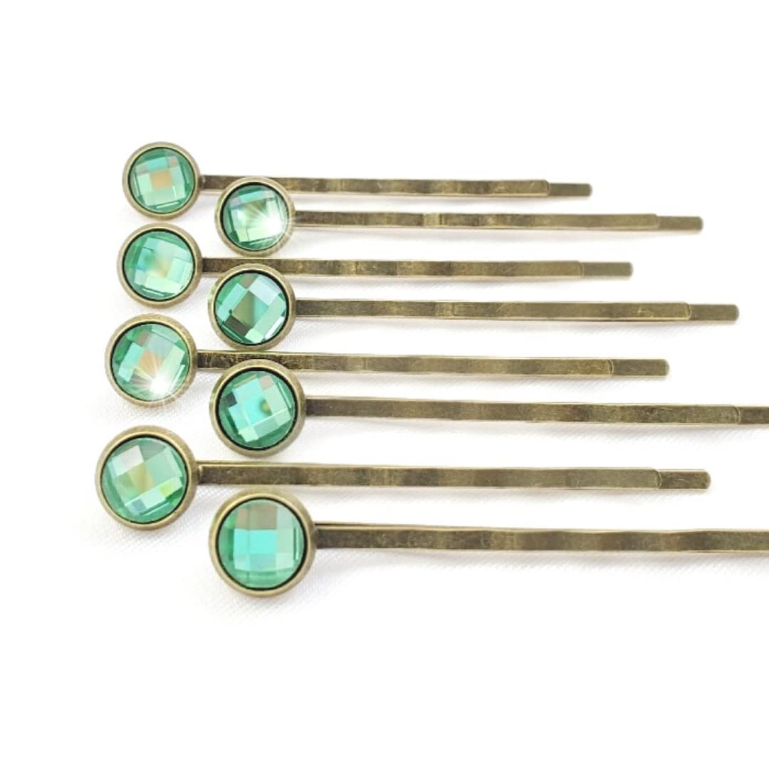 Crystal Hair Pins for Women, Decorative Bobby Pin Set of 8 Light Sage Green Hairpins, Sparkly Glass