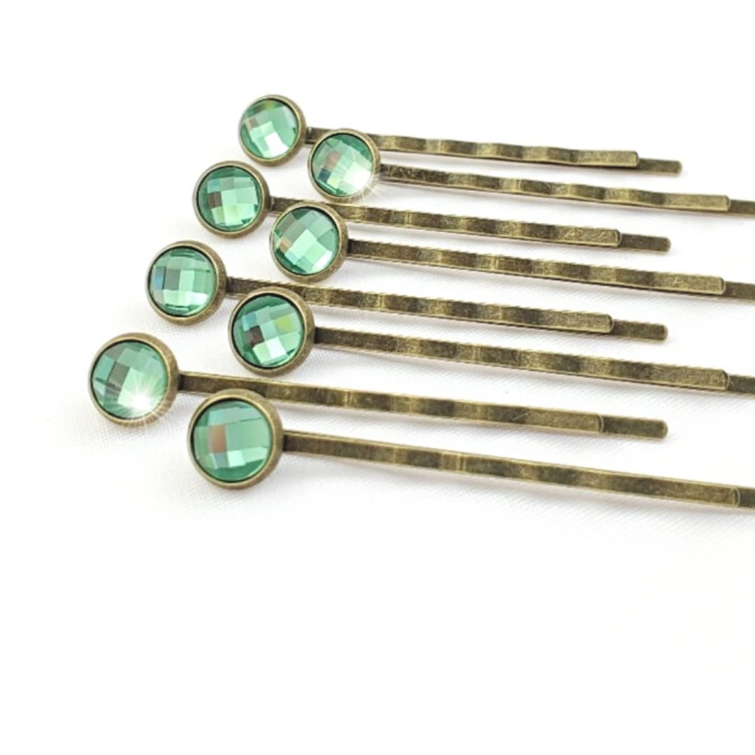 Crystal Hair Pins for Women, Decorative Bobby Pin Set of 8 Light Sage Green Hairpins, Sparkly Glass