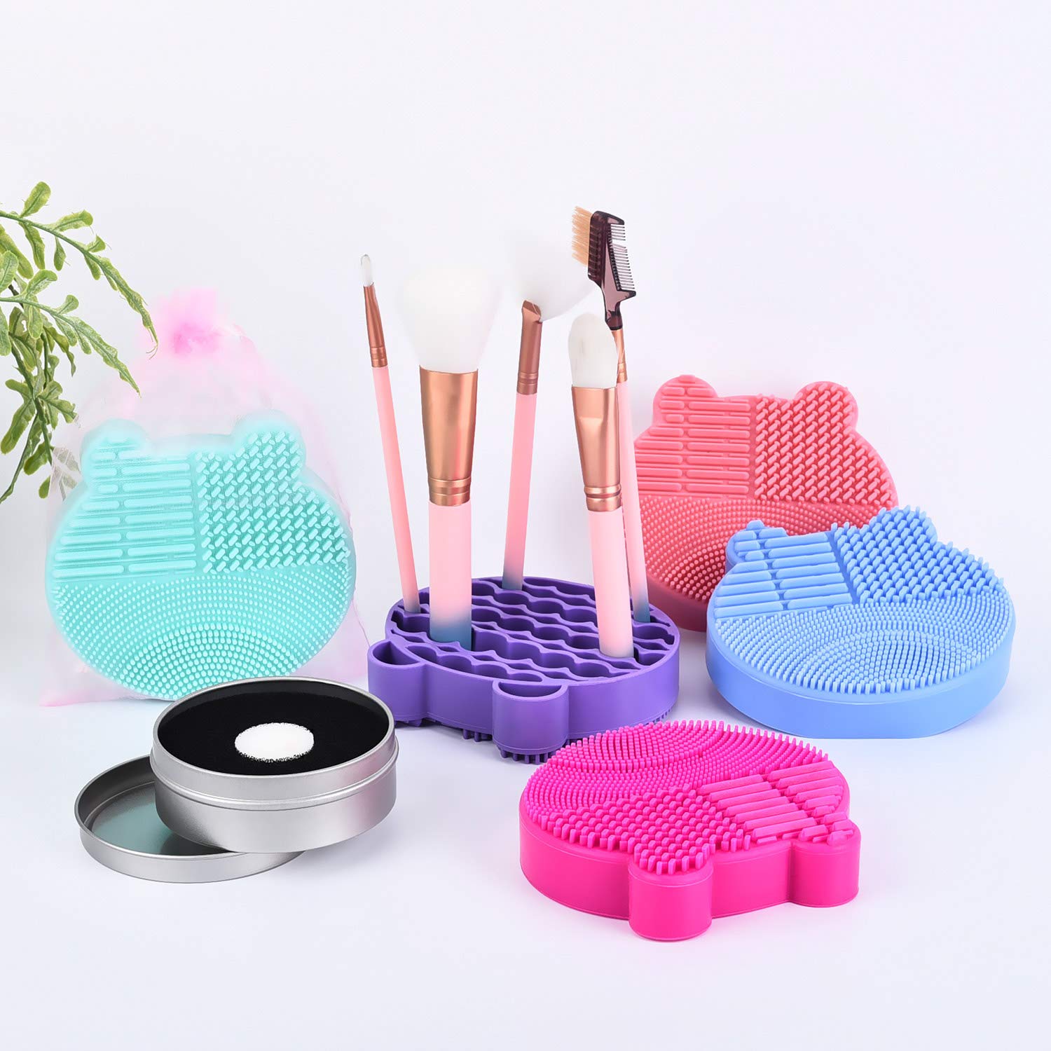 Silicon Makeup Brush Cleaning Mat with Brush Drying Holder Brush Cleaner Mat Portable Bear Shaped Co