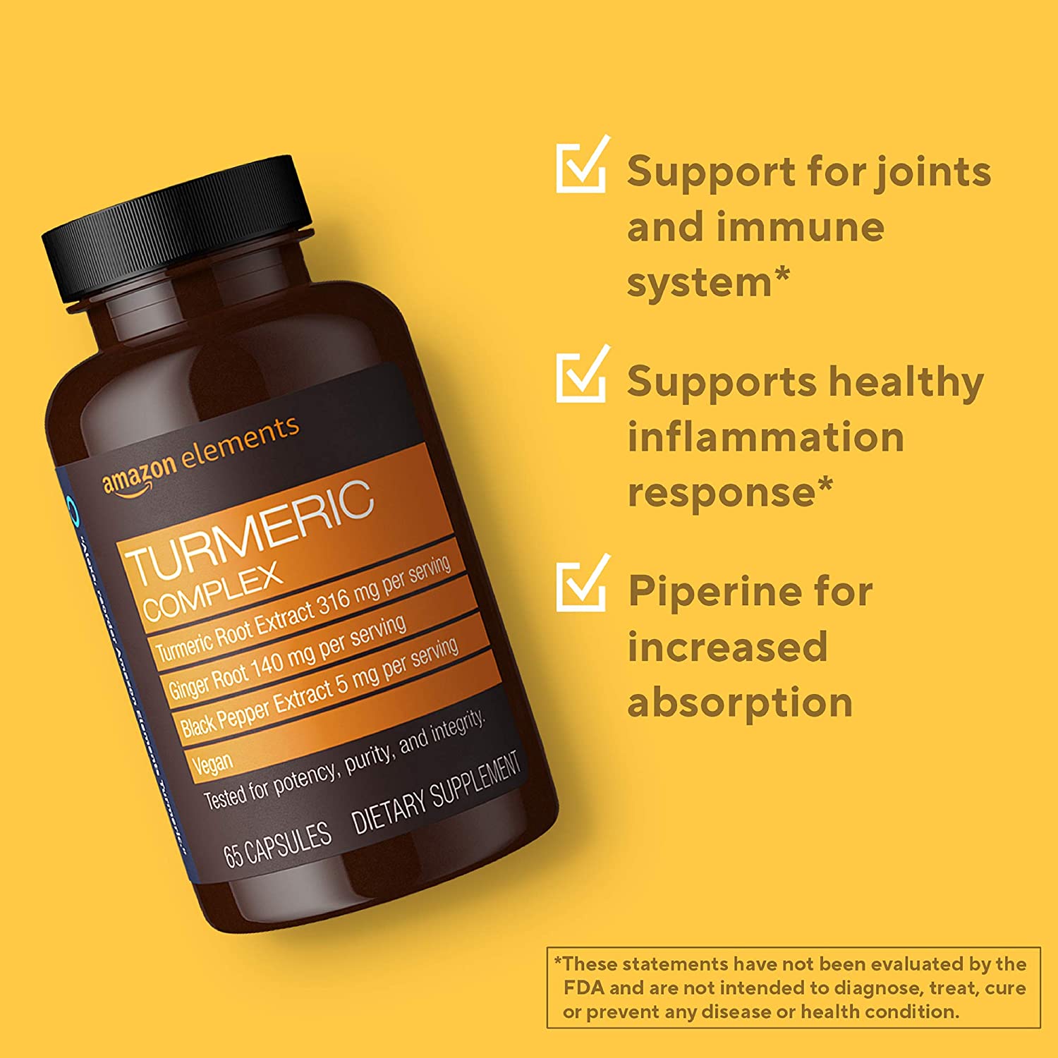 Amazon Elements Turmeric Complex, 316 mg Curcumin, 140 mg Ginger, 5 mg Black Pepper - Joint & Immune