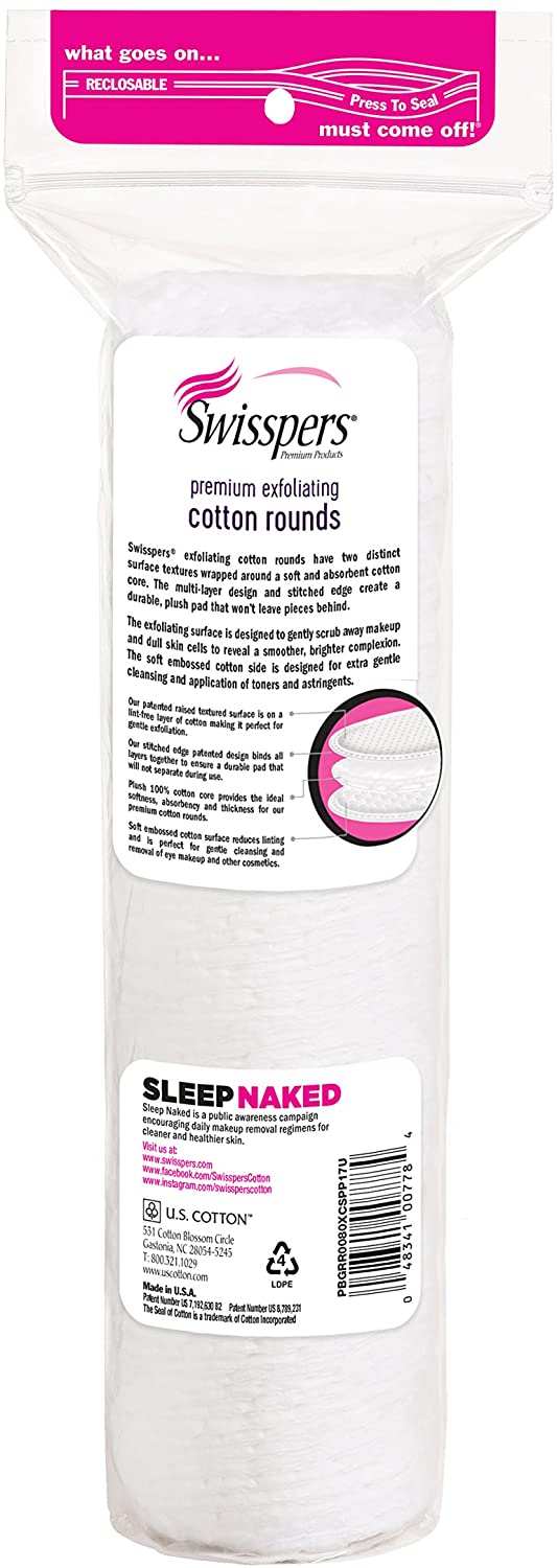 Swisspers Premium Exfoliating Rounds, 2 Distinct Raised Textured Surface, Cotton Facial Pads, 80 Cou