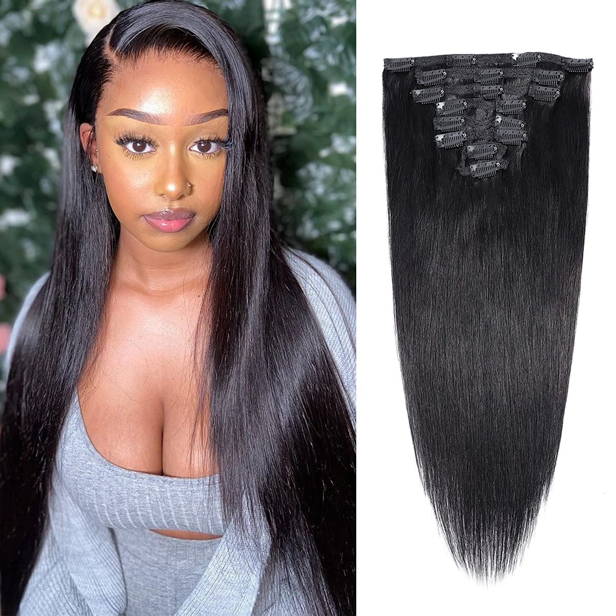 Clip in Human Hair Extensions for Black Women Brazilian Virgin Remy Hair Soft Silky Straight Clip in