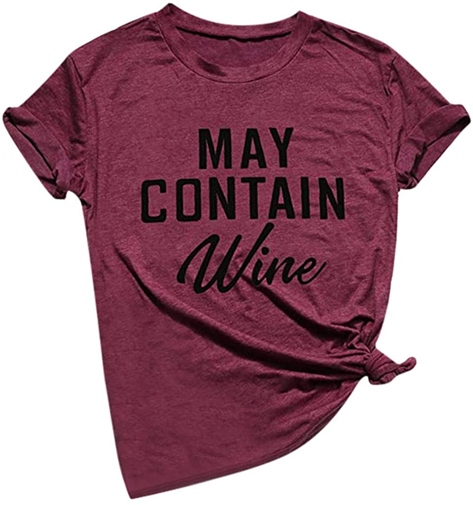 Dosoop May Contain Wine Shirt Women Letter Print Tops Funny Drinking Shirt Casual Short Sleeve Graph
