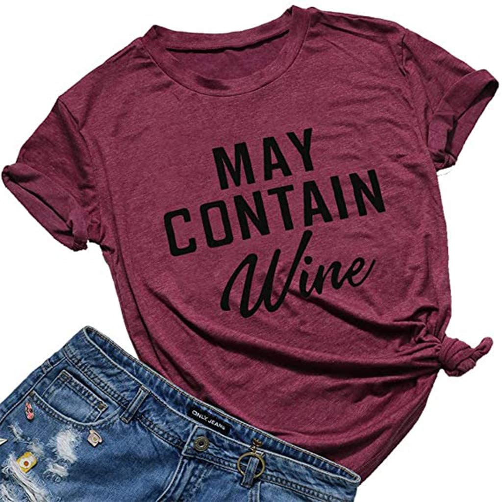 Dosoop May Contain Wine Shirt Women Letter Print Tops Funny Drinking Shirt Casual Short Sleeve Graph