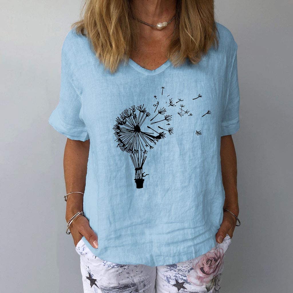 Dosoop Women Dandelions Print Linen Shirts Summer Short Sleeve Basic V Neck Loose Casual Tops T-Shir