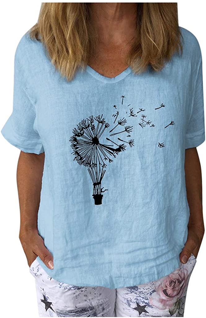 Dosoop Women Dandelions Print Linen Shirts Summer Short Sleeve Basic V Neck Loose Casual Tops T-Shir
