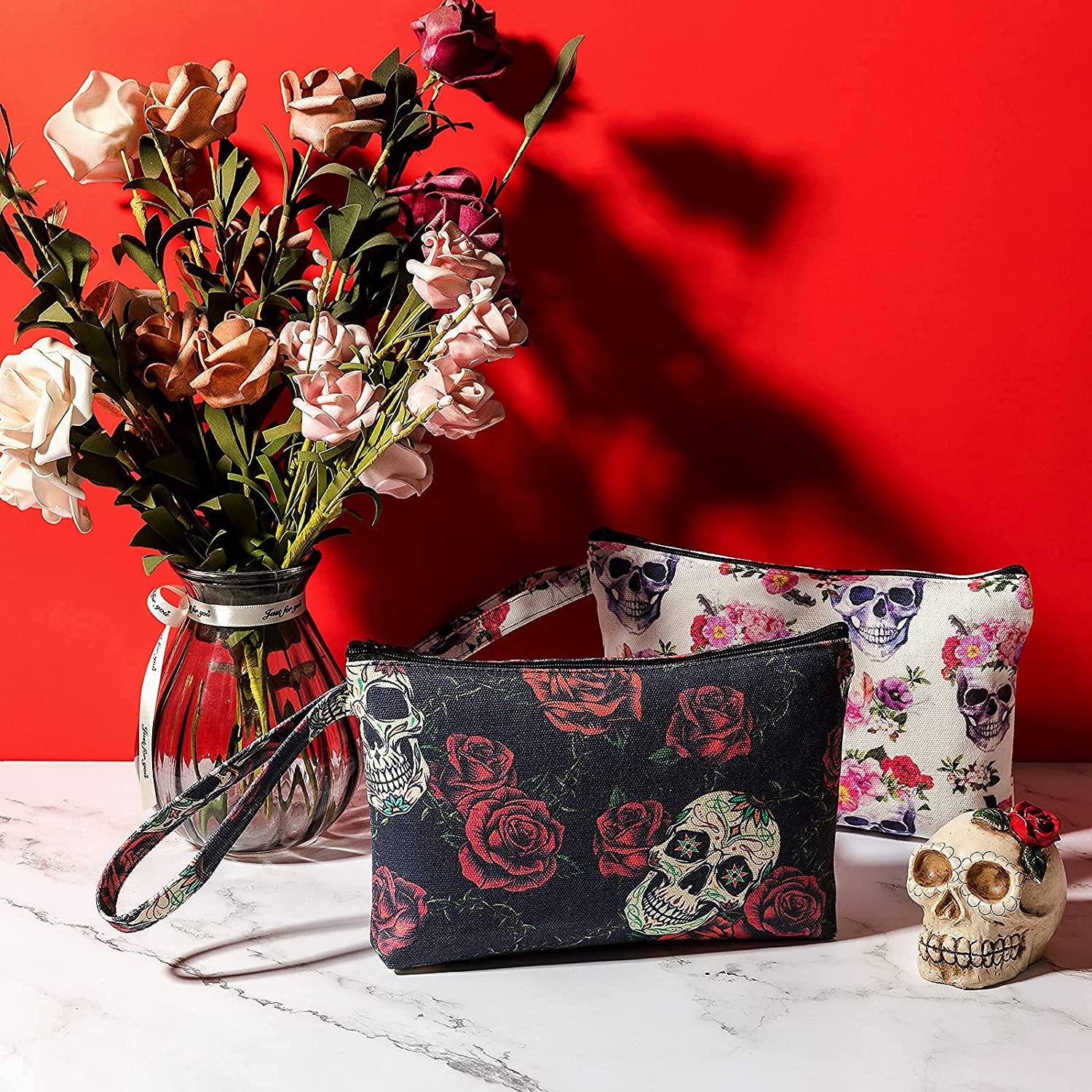 CINPIUK 4 Set Sugar Skull Makeup Bags Canvas Cosmetic Pouches with Handle Zippered Toiletry Pouch Ca