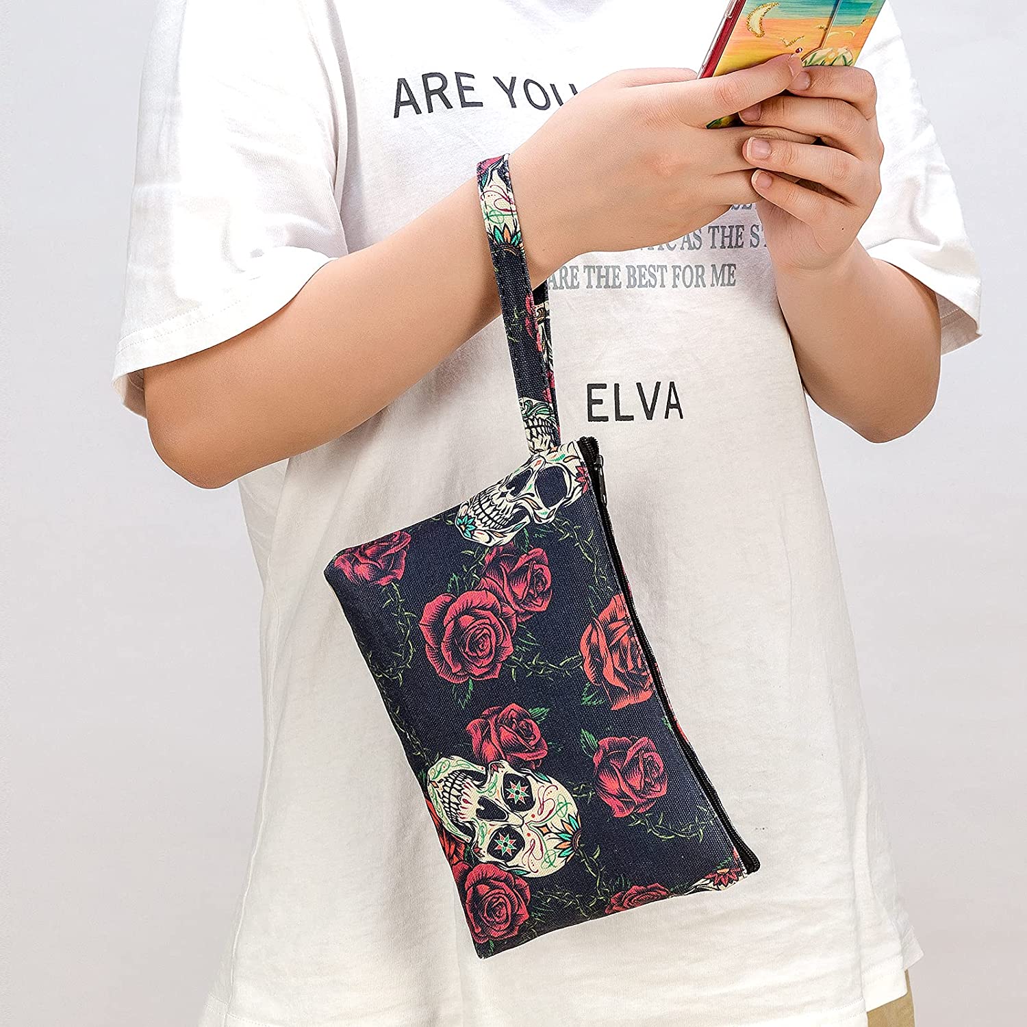 CINPIUK 4 Set Sugar Skull Makeup Bags Canvas Cosmetic Pouches with Handle Zippered Toiletry Pouch Ca