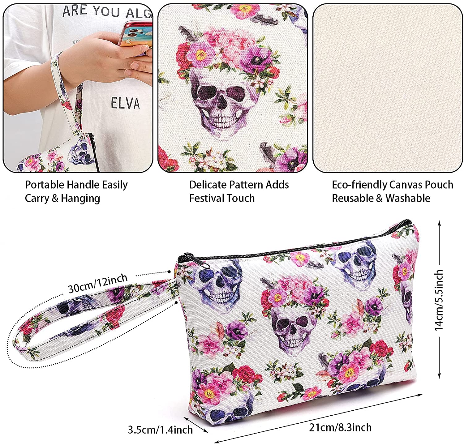 CINPIUK 4 Set Sugar Skull Makeup Bags Canvas Cosmetic Pouches with Handle Zippered Toiletry Pouch Ca