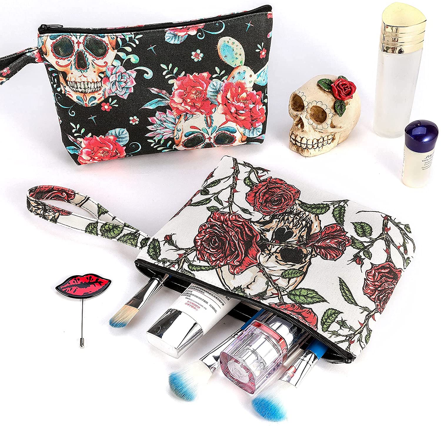 CINPIUK 4 Set Sugar Skull Makeup Bags Canvas Cosmetic Pouches with Handle Zippered Toiletry Pouch Ca